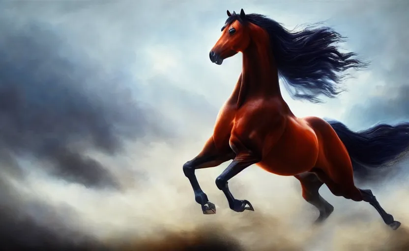 Image similar to a masterpiece oil painting of a proud horse galloping. wide angle, fantasy art, heroic lighting, very very very beautiful raytraced rendering, fog, finger of god