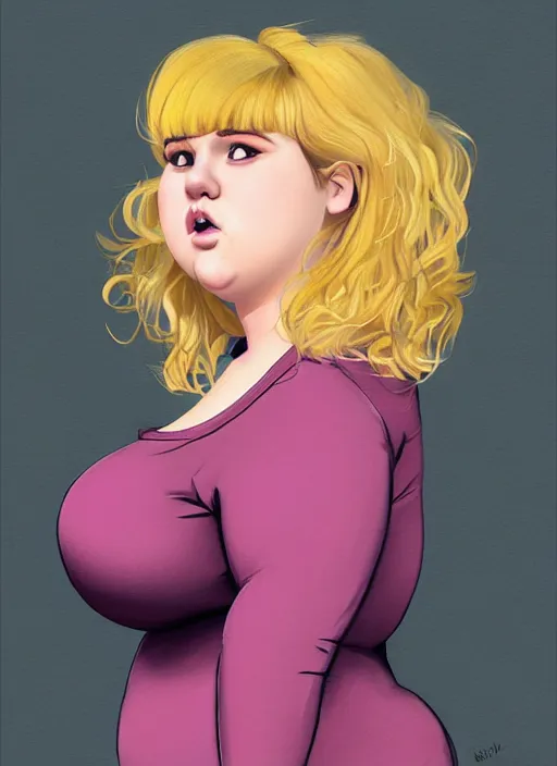 Image similar to full body portrait, teenage betty cooper, blonde hair, obese, bangs, ponytail, sultry, realistic, sultry smirk, fluffy bangs, curly bangs, fat, belly, beautiful girl, intricate, elegant, highly detailed, digital painting, artstation, concept art, smooth, sharp focus, illustration, art by wlop, mars ravelo and greg rutkowski