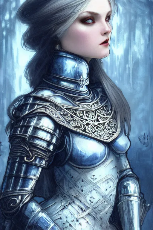 Image similar to beautiful luxury and gothic and victorian and evil medieval female blue & white color armor knight portrait+smoky eyes+light flowing hair, in ruin gothic cathedral, ultradetail face, art and illustration by tian zi and craig mullins and WLOP and alphonse mucha, fantasy, intricate complexity, human structure, fantasy world concept, watermark, blurry, hyperrealism 8k