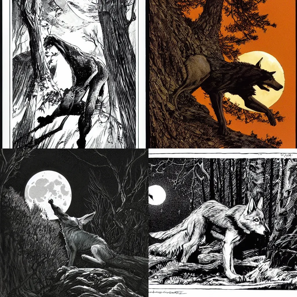 Prompt: un lupo nella foresta di notte guarda la luna, Bernie Wrightson