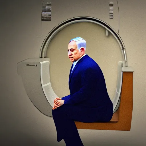 Image similar to benjamin netanyahu sitting in a toilet, photorealistic, studio