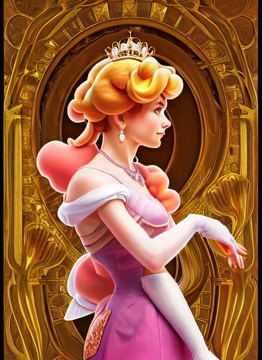 Image similar to oil portrait of princess peach from super mario, intricate, elegant, highly detailed, lighting, painting, artstation, smooth, illustration, art by greg rutowski and alphonse mucha