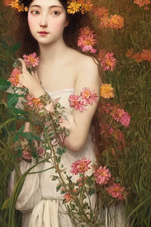 Image similar to Pre-raphaelite painting of a beautiful asian girl with freckles, wearing a flower headpiece, surrounded by big flowers, porcelain skin, cinematic lighting, photo realistic, highly detailed, maya, digital painting, artstation, concept art, sharp focus, illustration, by Mucha