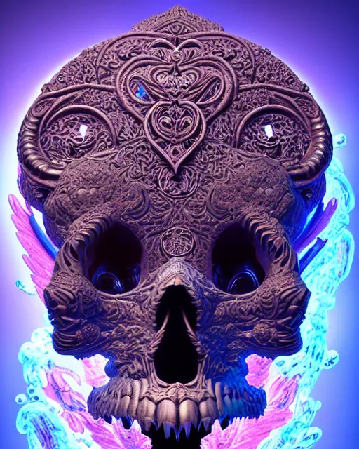 Prompt: 3 d ornate carved water heart, sigma 5 0 0 mm f / 5. beautiful intricate highly detailed quetzalcoatl skull. bioluminescent, plasma, lava, ice, water, wind, creature, thunderstorm! artwork by tooth wu and wlop and beeple and greg rutkowski, 8 k trending on artstation