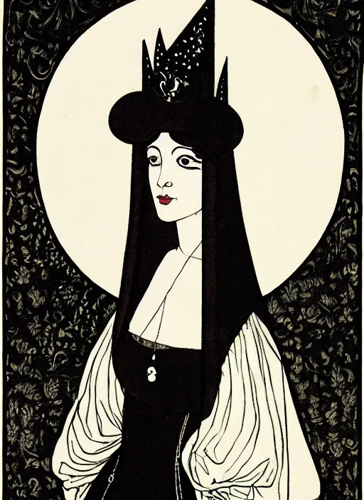 Prompt: portrait of young woman in renaissance dress and renaissance headdress, art by aubrey beardsley