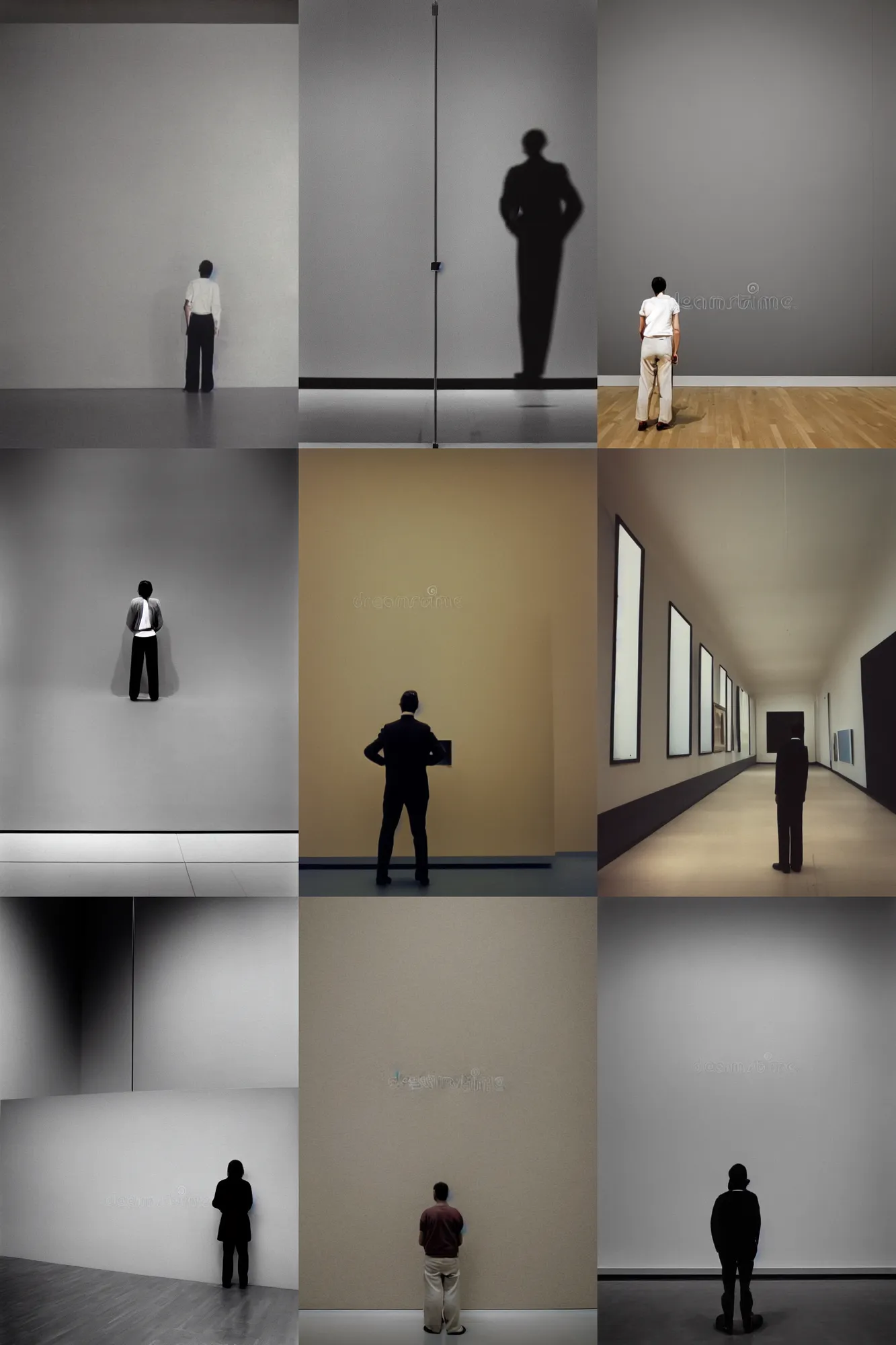 Prompt: person seen from behind standing in an empty gallery contemplating over a frame hanging at the opposite wall, photo taken with provia 1987 getty images stock photography