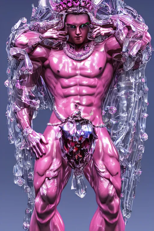 Prompt: hyper detailed ultra sharp fullbody photo of baroque and cyberpunk transparent pink gem sculpture of a muscular seductive muscular italian man feeling muy cachondo, muy dotado, iridescent humanoid deity wearing pink plastic seethrough cloak, holding a rainbow tiger gem, blue diamond, glowing pink face, crown of white diamonds, cinematic lighting, photorealistic, octane render 8 k
