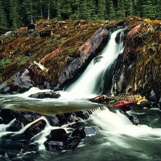 Prompt: hundreds lots lots lots of bears catching salmon at the top of a small waterfall in alaska, national geographic photo, detailed, wide angle, 1 2 0 mm film photo 4 k