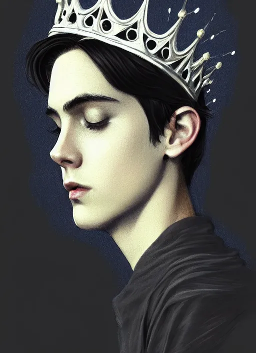 Image similar to portrait of teenage jughead jones wearing a light grey crown, photorealistic, crown, eyes closed, crown, black hair, intricate, elegant, glowing lights, highly detailed, digital painting, artstation, concept art, smooth, sharp focus, illustration, art by wlop, mars ravelo and greg rutkowski