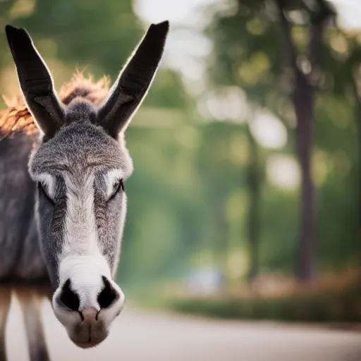 Prompt: portrait of a piping hot donkey on rollerskates, canon eos r 3, f / 1. 4, iso 2 0 0, 1 / 1 6 0 s, 8 k, raw, unedited, symmetrical balance, wide angle