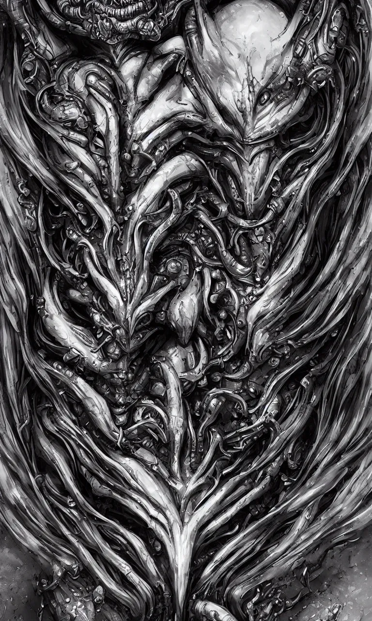 Image similar to engineer prometheus face by Artgerm, xenomorph alien, highly detailed, symmetrical long head, smooth marble surfaces, detailed ink illustration, raiden metal gear, cinematic smooth stone, deep aesthetic, concept art, post process, 4k, carved marble texture and silk cloth, latex skin, highly ornate intricate details, prometheus, evil, moody lighting, hr geiger, hayao miyazaki, indsutrial Steampunk