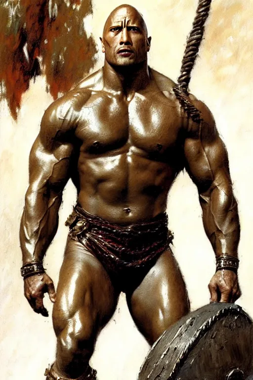 Image similar to Dwayne Johnson as gladiator, muscular, detailed face, correct face, painting by Gaston Bussiere, Craig Mullins