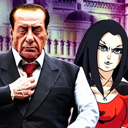 Prompt: Silvio Berlusconi, Salvini and Giorgia Meloni in Jojo bizarre adventures