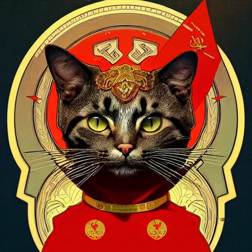 Prompt: a portrait of a cat, hero of the soviet union, upper half portrait, decorated with soviet motifs, intricate, elegant, highly detailed, symmetry, headpiece, digital painting, artstation concept art smooth sharp focus, illustration, art by artgerm and greg rutkowski alphonse mucha 8 k