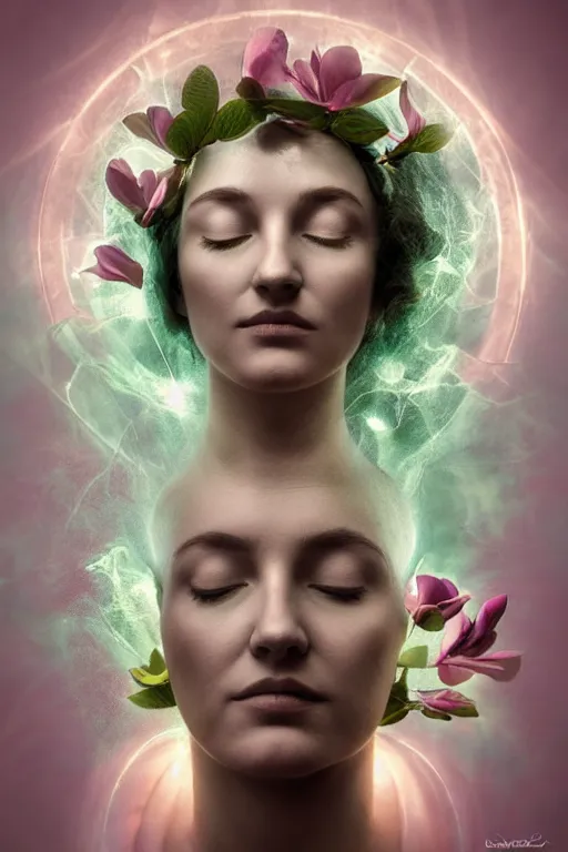 Prompt: a goddess of magnolia a queen of the garden, meditating! with a beautiful symmetrical face!!! cinematic lightning, isolated, studio lighting by barrett biggers artist