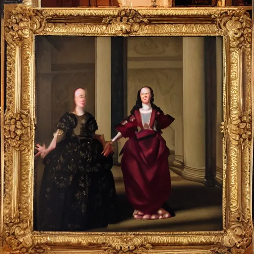 Image similar to oil on canvas painting no frame. two women in a vast castle lobby wearing fine clothes, two men looking at one of her in the distance. dark room with light coming through the right side of the place. baroque style 1 6 5 6. high quality painting, no distortion on subject faces.