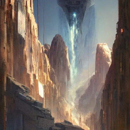 Image similar to view from below of an arcology driven like a spear into the glacier, rust-colored waterfalls pouring from its upper balconies, blue radiation glow beneath, science fiction concept art by Greg Rutkowski and Moebius and Le Corbusier