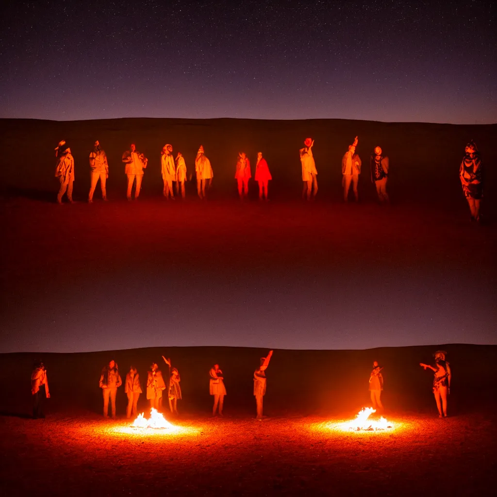 Image similar to atmospheric long exposure night photograph of three ravers, two men, one woman, woman is in a trenchcoat, blessing the soil at night, people facing fire circle, two aboriginal elders, dancefloor kismet, diverse costumes, clean composition, starlight bokeh, desert transition area, bonfire, atmospheric night, australian desert, symmetry, sony a 7 r