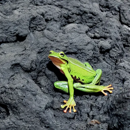 Image similar to frog screaming at an ocean of lava split in two