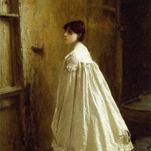 Image similar to young victorian lady lost in a dungeon, by alfred stevens