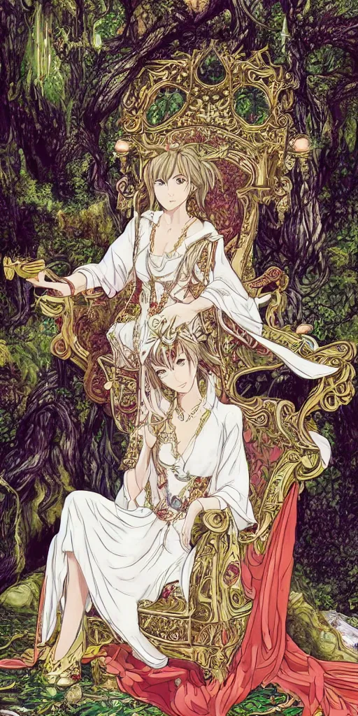 Image similar to an highly detailed magical empress sitting by herself on a sofa in a forest wearing a white robe drawn by cloverworks studio, elegant and beautiful, tarot card, Tarot card the empress, rich colors