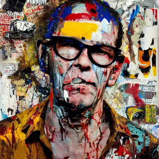 Image similar to hyperrealistic, photorealistic, mixed media oil painting of hunter s. thompson, magazine scraps, plaster, blood, oil, mustard, splatter, greg rutkowski, basquiat, ralph steadman, wesley kimler