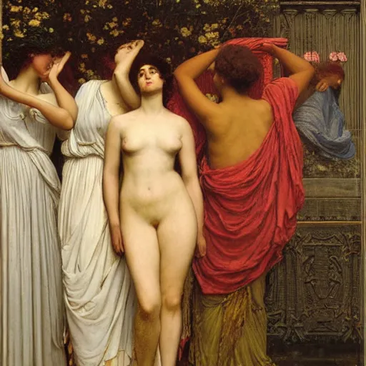 Prompt: rule of thirds radiating lines harmony by herbert james draper, sir lawrence alma - tadema, john william godward. oil painting on wood. 1 9 0 0