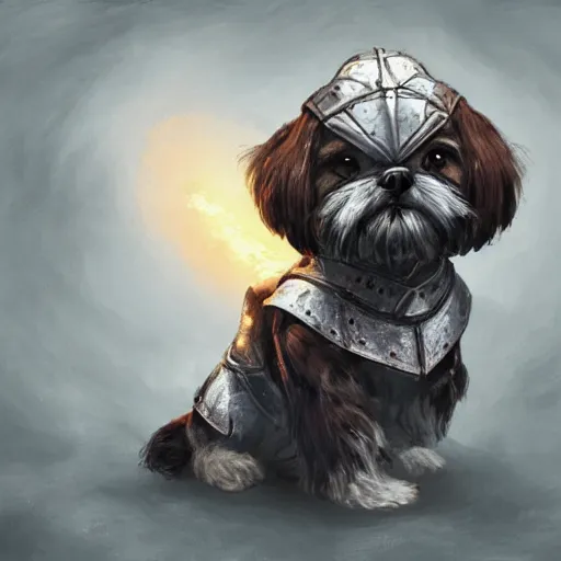 Prompt: shih tzu Dog, battle armour, Anthropomorphized, casting epic spell, magic the gathering artwork, D&D, fantasy, cinematic lighting, centered, symmetrical, highly detailed, digital painting, artstation, concept art, smooth, sharp focus, illustration, volumetric lighting, epic Composition, 8k, art by Akihiko Yoshida and Greg Rutkowski and Craig Mullins, heroic pose, oil painting, cgsociety, magic lab background