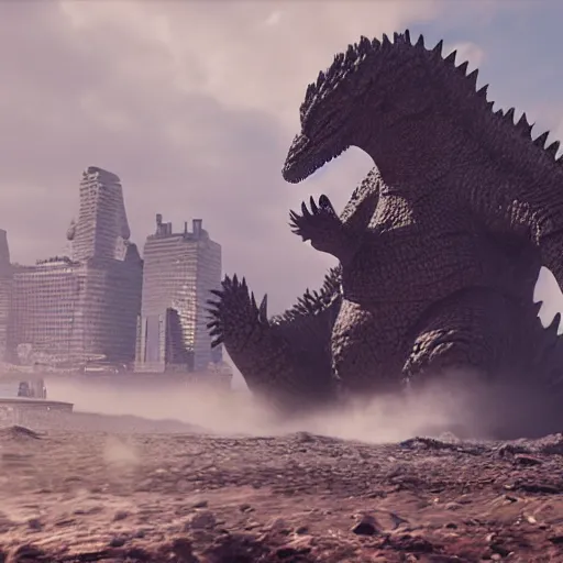 Image similar to hard surface, robotic platform, based on godzilla, 6 claws, symmetric, unreal engine