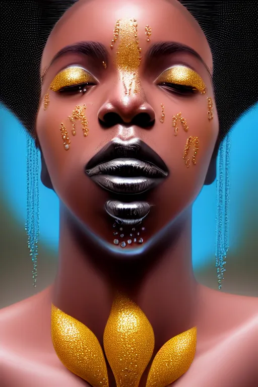 Prompt: hyperrealistic precisionist cinematic profile very expressive! black oshun goddess, in water! up to shoulders, mirror dripping droplet!, gold flowers, highly detailed face, digital art masterpiece, smooth eric zener cam de leon, dramatic pearlescent turquoise light on one side, low angle uhd 8 k, shallow depth of field, daguerreotype