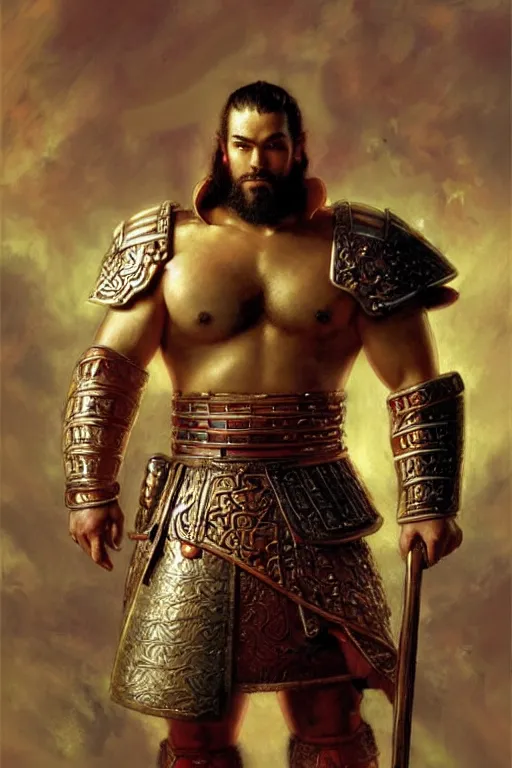 Image similar to attractive beefy male with armor, ancient china, three kingdoms, character design, dynamic lighting, cool and bright tint, painting by gaston bussiere, craig mullins, j. c. leyendecker, tom of finland