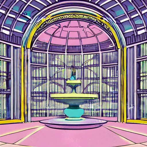 Image similar to art deco illustration of a mall atrium with a fountain in the center, in pastel colors