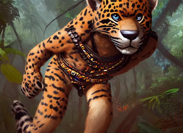 Image similar to character portrait feature of the anthro male anthropomorphic jaguar fursona animal person wearing shaman tribal outfit robes belt standing in the amazon rainforest, well framed character design stylized by charlie bowater, ross tran, artgerm, makoto shinkai, detailed, soft lighting, rendered in octane