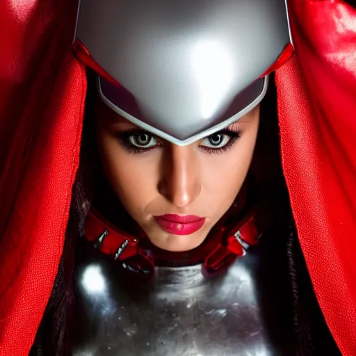 Image similar to headshot of an beautiful female soldier in glossy sleek white armor with tiny red details and a long red cape, downward angle, determined expression, on the surface of mars, night time, dramatic lighting, cinematic, sci-fi, hyperrealistic