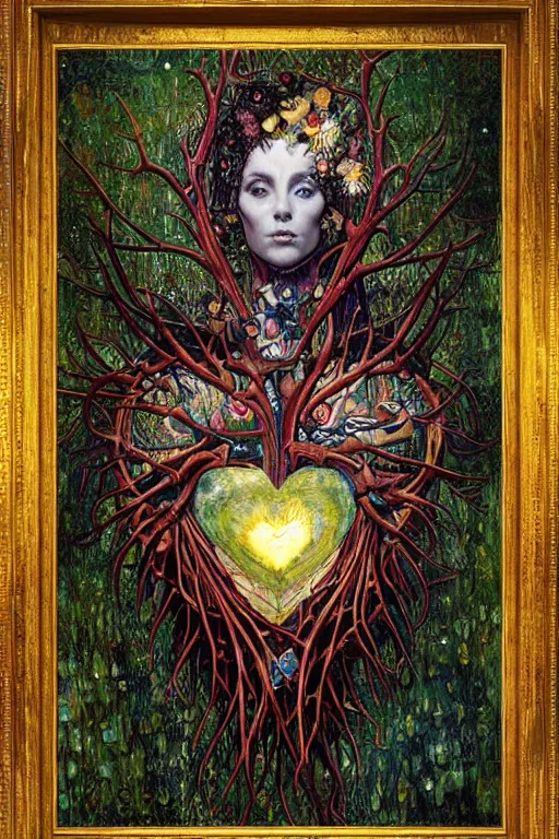 Image similar to Heart of Thorns by Karol Bak, Jean Deville, Gustav Klimt, and Vincent Van Gogh, anatomical heart, sacred heart, Surreality, otherworldly, infernal enigma, Helliquary, fractal structures, celestial, arcane, ornate gilded medieval icon, third eye, spirals, dramatic sharp thorns, rich deep moody colors