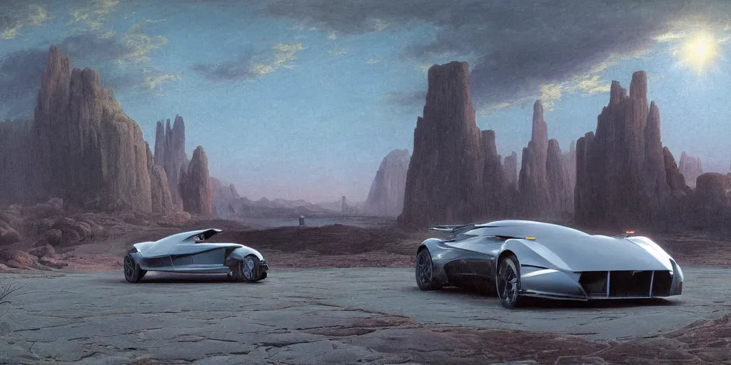 Image similar to sport car 2 0 2 2, volumetric light from nearby sources, style by caspar david friedrich and wayne barlowe and ted nasmith.