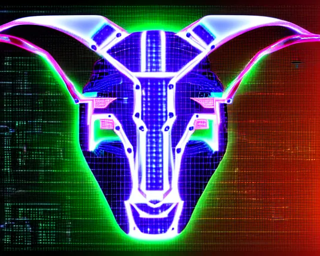 Image similar to cybernetic evil goat head merged with complex circuitry and machinery, multicolored