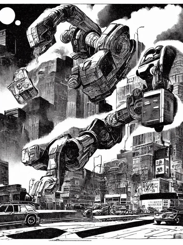 Prompt: a solo Giant classic robot walking down the street desires to eat a massive glazed donut, a building is on fire smoking and a crushed car is under the foot of the giant robot by Richard Corben