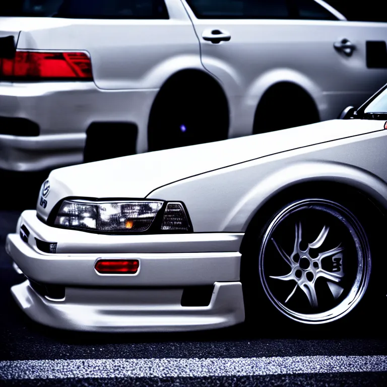 Image similar to close-up-photo Toyota chaser turbo illegal roadside night meet, work-wheels, Shibuya shibuya, cinematic color, photorealistic, deep dish wheels, highly detailed night photography