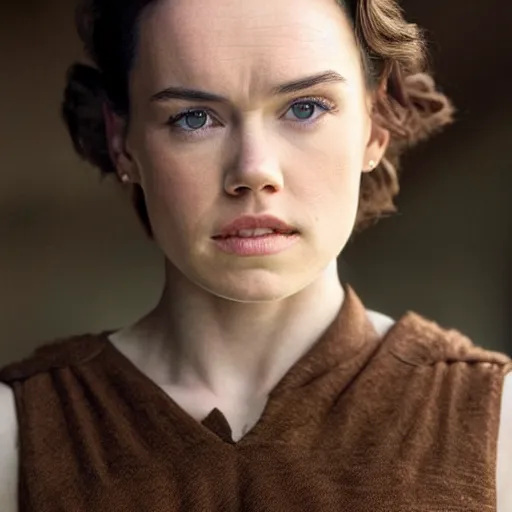 Prompt: a still of daisy ridley a beautiful model looking off into the distance, wavy medium - length brown hairs, jedi dress, beautiful green eyes, medium shot, with a soft, natural light falling on her face. the focus is on her eyes and brows, which are perfectly shaped and well - defined. by annie leibowitz