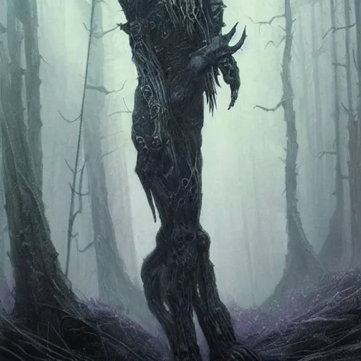 Prompt: concept art of a ancient magus, fae, skulled creature with black fur, elegant, tendrils, forest, heavy fog, fantasy, wayne barlowe
