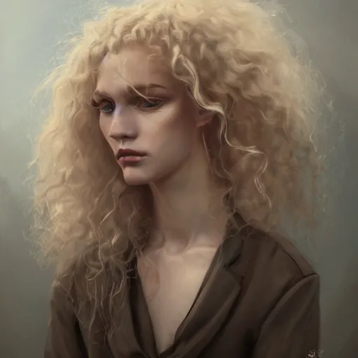 Prompt: a portrait of a beautiful androgynous blond man, germanic pale white skin and long fluffy curly blond hair, sharp lavender eyes, Center parted curtain bangs, close up view, head and upper body, looking upward, fullface, light from above, by Peter Mohrbacher, trending on artstation, 8k