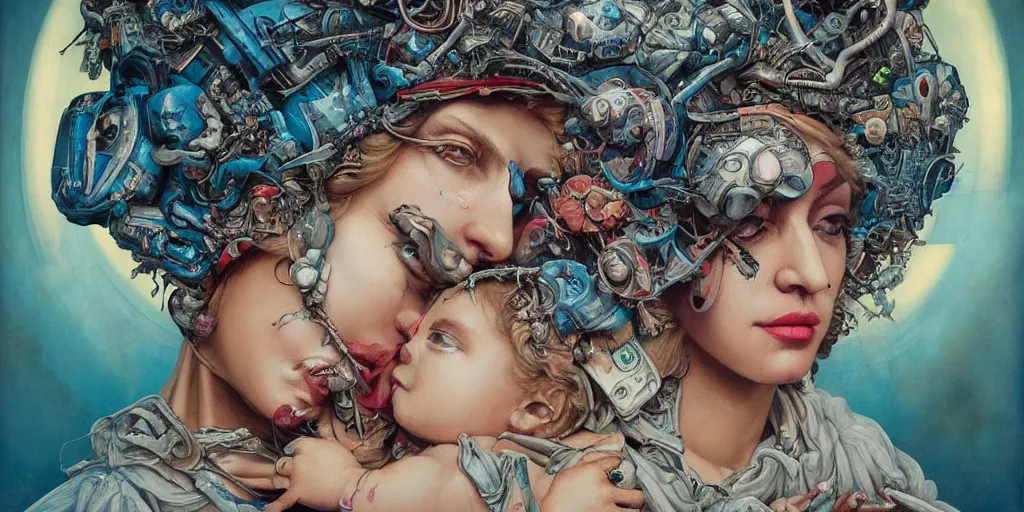 Image similar to portrait of Madonna and Child ,8k,by tristan eaton,Stanley Artgermm,Tom Bagshaw,Greg Rutkowski,Carne Griffiths, Ayami Kojima, Beksinski, Giger,trending on DeviantArt,face enhance,hyper detailed,minimalist,cybernetic, android, blade runner,full of colour, super detailed