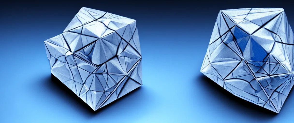 Image similar to hyperrealistic highly detailed Kepler's Platonic solid model impossible object in motion escher dali matte painting dramatic blue lighting wide angle hd 8k sharp shallow depth of field