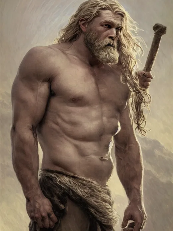 Image similar to painted portrait of rugged thor, god of thunder, norse god, white hair, masculine, mature, handsome, upper body, grey and silver, muscular, hairy torso, fantasy, intricate, muscular, elegant, highly detailed, digital painting, artstation, concept art, smooth, sharp focus, illustration, art by gaston bussiere and alphonse mucha