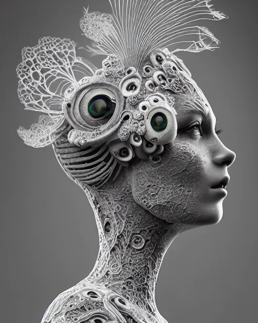 Prompt: bw dreamy close - up profile face, smoke art, beautiful young porcelain intricate bio - mechanical vegetal - dragon - cyborg - female, white metallic armour, white peacock feathers, fine mandelbrot fractal lace, 1 5 0 mm, soft rim light, elegant, hyper real, ultra detailed, octane render, hg giger, 1 6 k