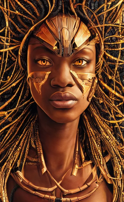Prompt: young african cyborg queen, dazzling glowing eyes, elegant, striking composition, highly detailed ornate sci fi background, highly detailed, beautiful composition, painting in the style of sandro botticelli, caravaggio, albrecth durer, 8k