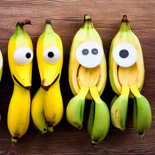 Image similar to professional photograph of banana ducks, peeled bananas with googly eyes and duck beaks