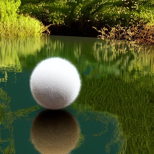 Image similar to a fuzzy orb floating on a pond, calm water, photorealistic, 4 k, detailed