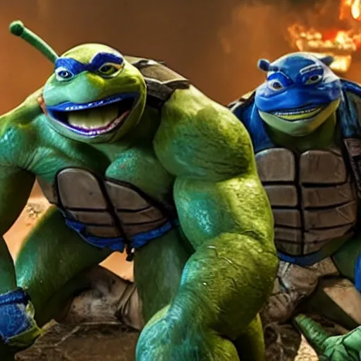 Prompt: a still of from the movie teenage mutant ninja turtles 2 : the secret of the ooze crossover with the game gears of war